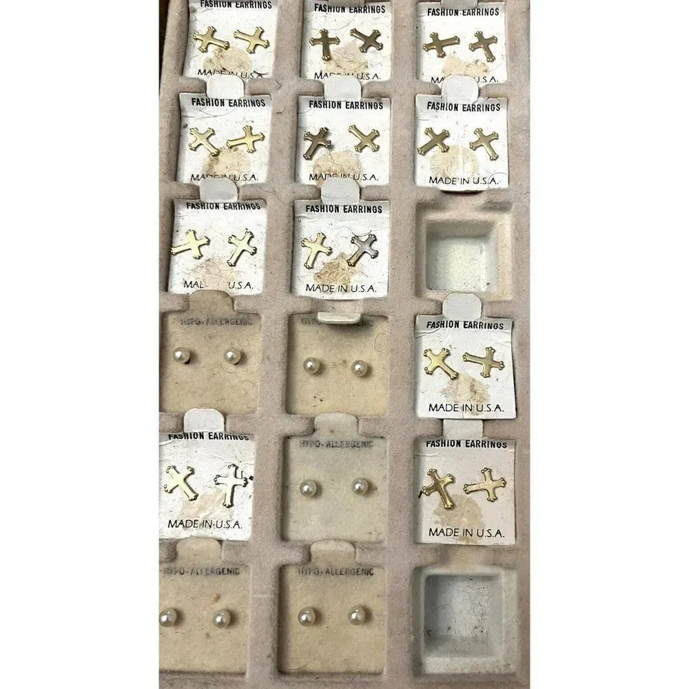 Big Lot Little Girls Pierced Earrings Birthstone Crosses Pearls USA Vtg